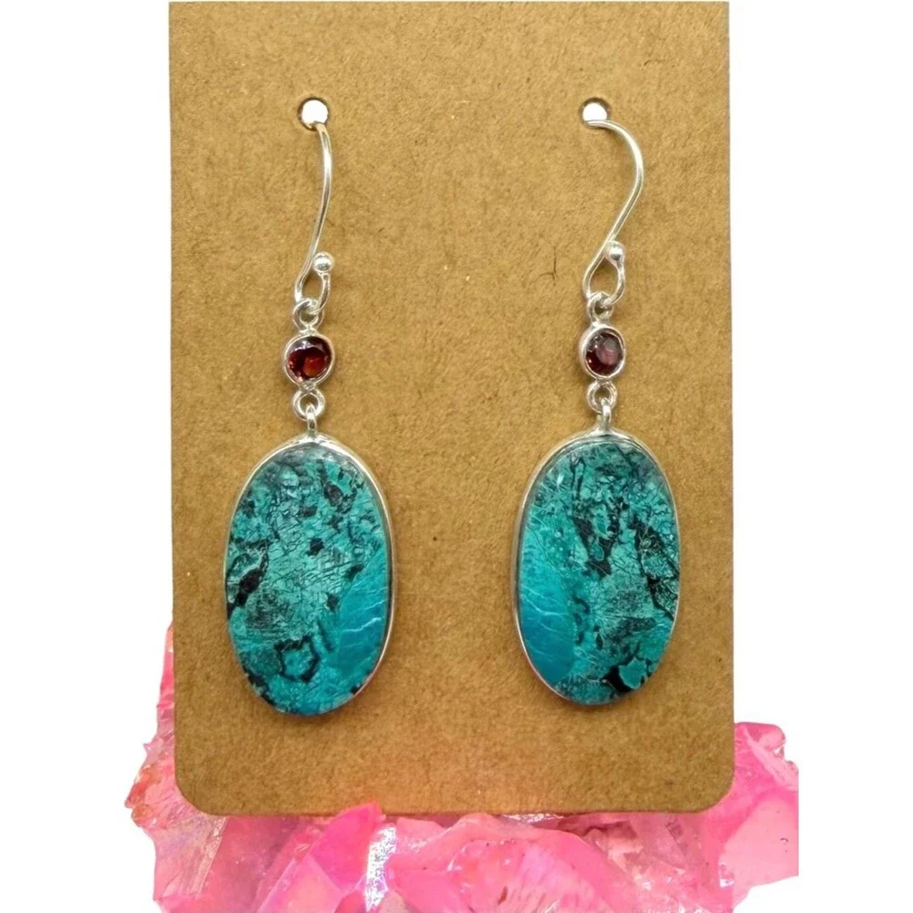 Shattuckite & Hessonite Garnet Earrings Solid 925 Sterling Silver